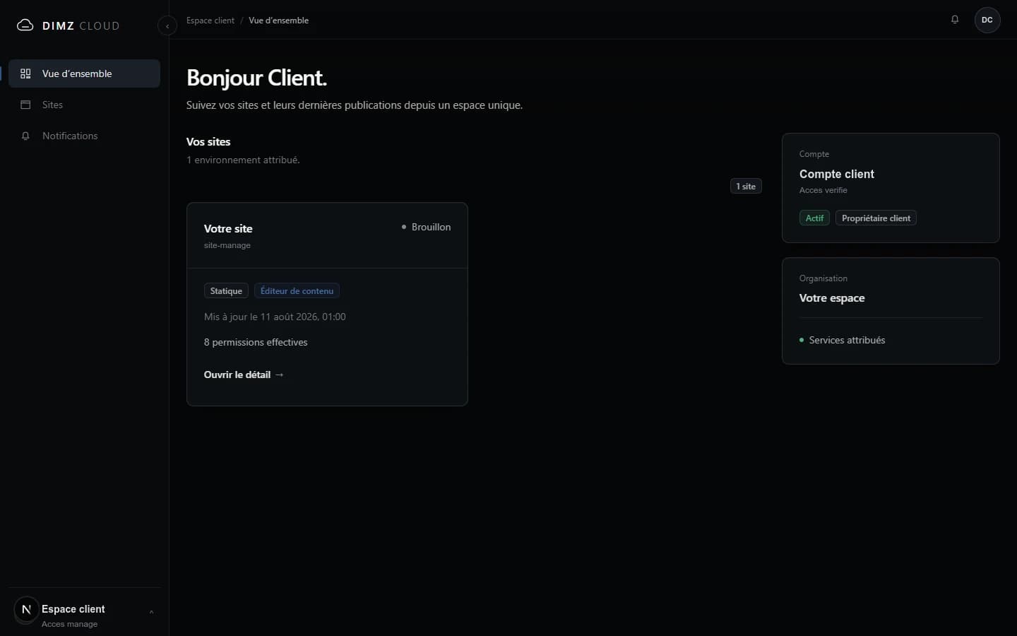 Aperçu sanitizé du tableau de bord DIMZ Cloud